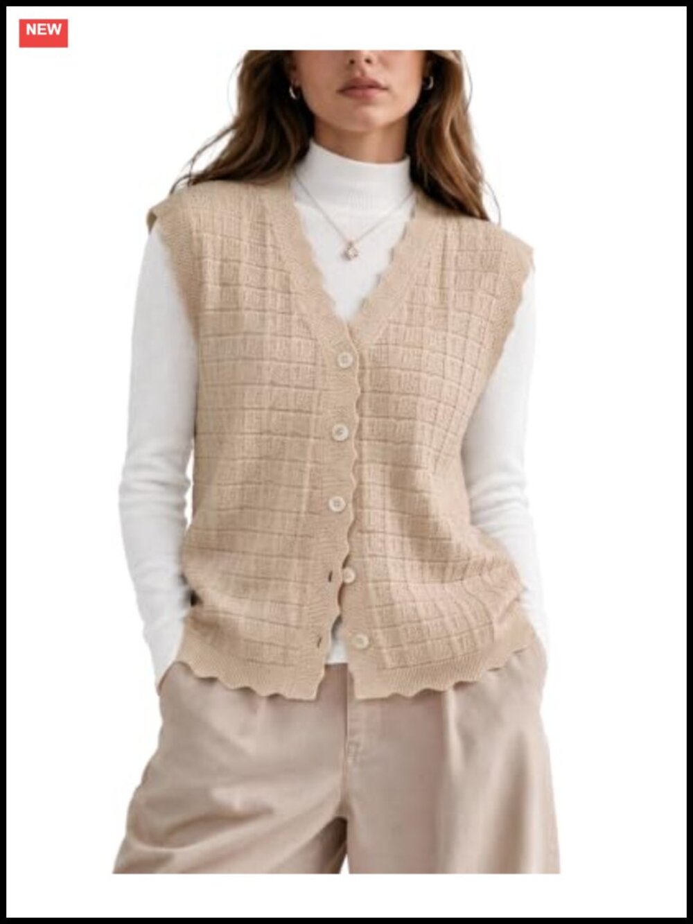 Waffle Knit Sweater Vest Sleeveless V-Neck Button Up Layering Top